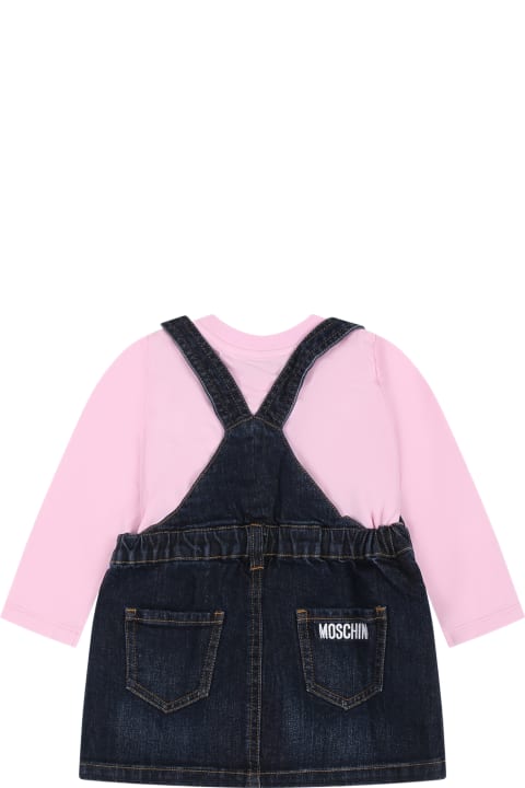 Moschino for Kids Moschino Blue Suit For Baby Girl With Teddy Bear And Logo