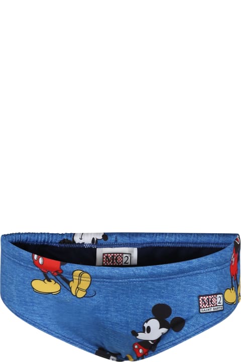 Sale for Boys MC2 Saint Barth Blue Swim Briefs For Boy With Mickey Mouse Print And Logo