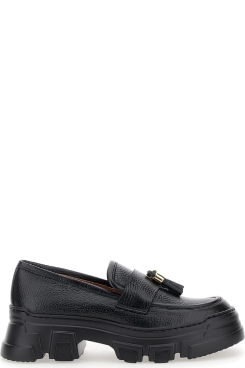 Pollini Shoes for Women Pollini Black Loafers With Tassel And Platform In Hammered Leather Woman