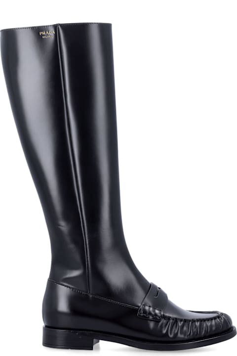 Prada Polished Leather Penny Knee-high Boots