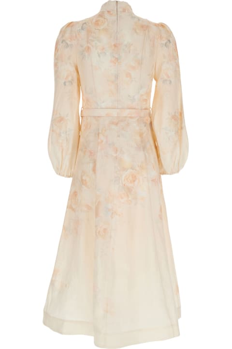 Zimmermann for Women Zimmermann 'crush' Multicolor Midi Dress With Puffed Sleeves And Adjustable And Removable Belt In Linen Woman