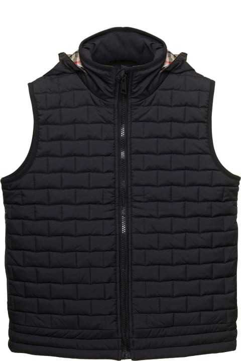 Coats & Jackets for Boys Burberry Black Quilted Hooded Vest With College-style Logo Print In Nylon Boy