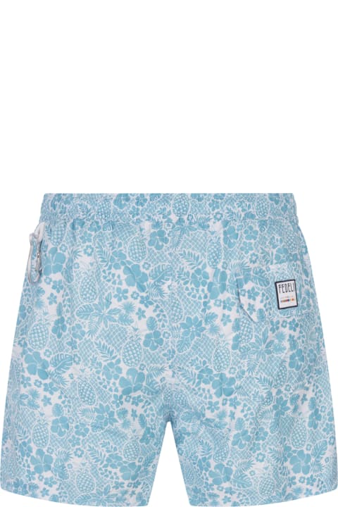 Swimwear for Men Fedeli Sky Blue Swim Shorts With Tropical Pattern
