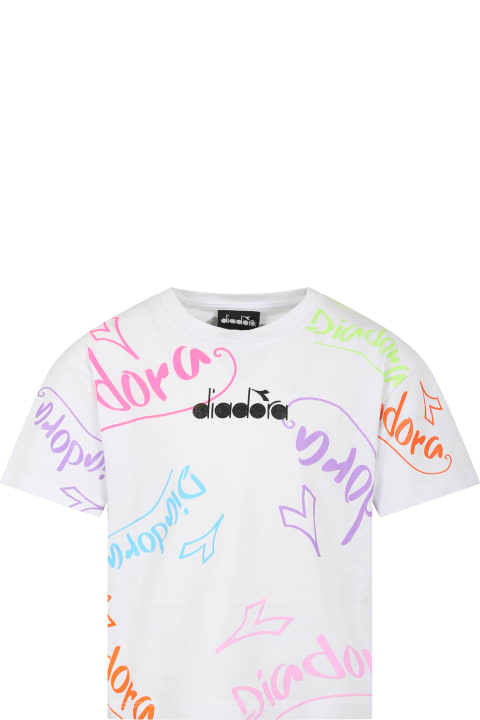 White T-shirt For Girl With Multicolor Logo