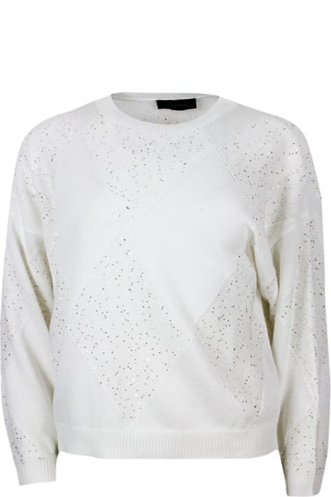 ウィメンズ Lorena Antoniazziのニットウェア Lorena Antoniazzi Long-sleeved Crew-neck Sweater In Cotton Thread With Diamond Pattern Embellished With Microsequins