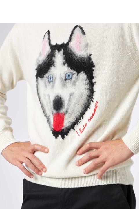 Homeware MC2 Saint Barth Man Sweater With Wolf Print And I Hate Summer Embroidery