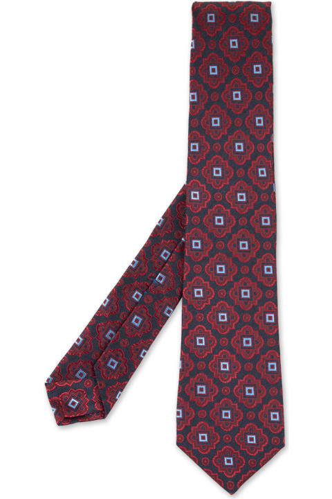 Fashion for Men Kiton Dark Blue Tie With Red Majolica Pattern