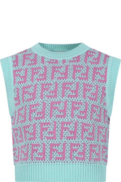 Fendi Light Blue Vest Sweater For Girl With Ff