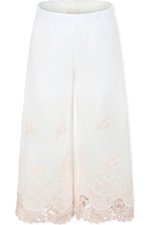 Caffe' d'Orzo for Girls Caffe' d'Orzo Ivory Trousers For Girl With Embroidery