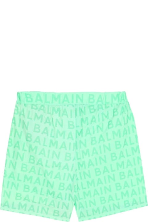 Balmain for Kids Balmain Light Green Swim Shorts With All-over Logo