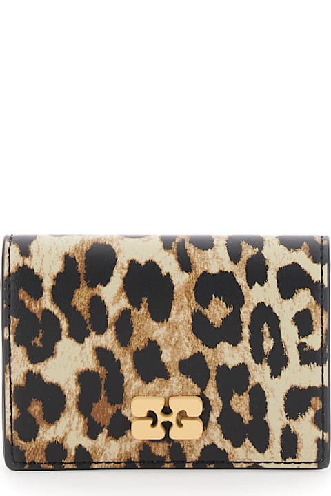 Ganni for Women Ganni Brown Card Holder With Butterfly Logo And All-over Leopard Motif In Leather Blend Woman