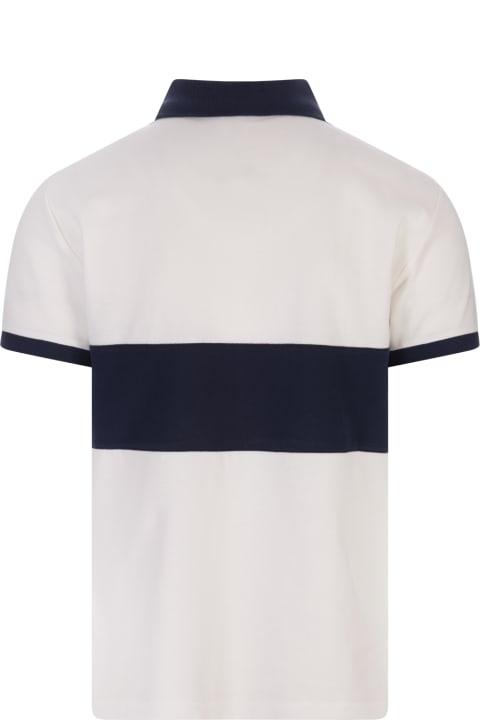 White And Navy Blue Polo Shirt With Big Pony And Nautical Graphics