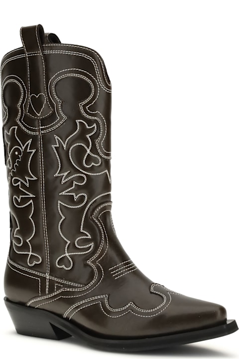 Ganni Mid Shaft Embroidered Western Boot Oleat