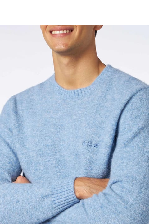 Homeware MC2 Saint Barth Man Light Blue Stretch Wool Sweater With St. Barth Embroidery