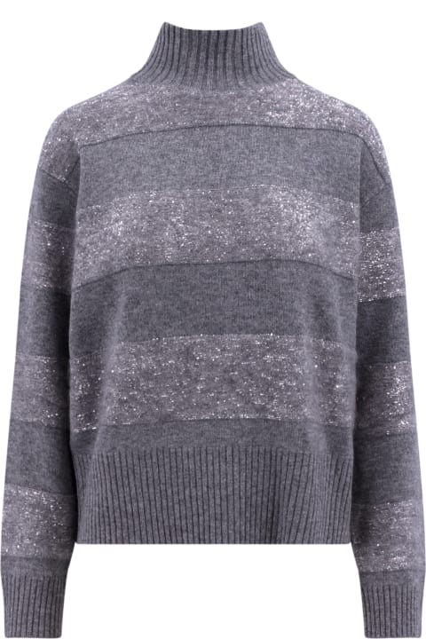ウィメンズ Brunello Cucinelliのウェア Brunello Cucinelli Long-sleeved Turtleneck Sweater In Fine Wool, Cashmere And Silk With Striped Pattern With Exclusive Micro Sequin Details