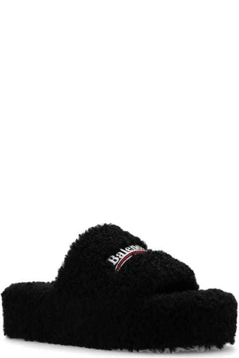 Logo Embroidered Furry Platform Sandals