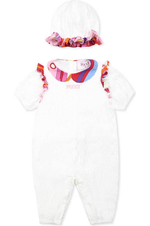 Pucci for Kids Pucci White Romper For Baby Girl With Logo