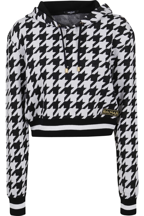 Houndstooth Jacquard Knit Cropped Hoodie