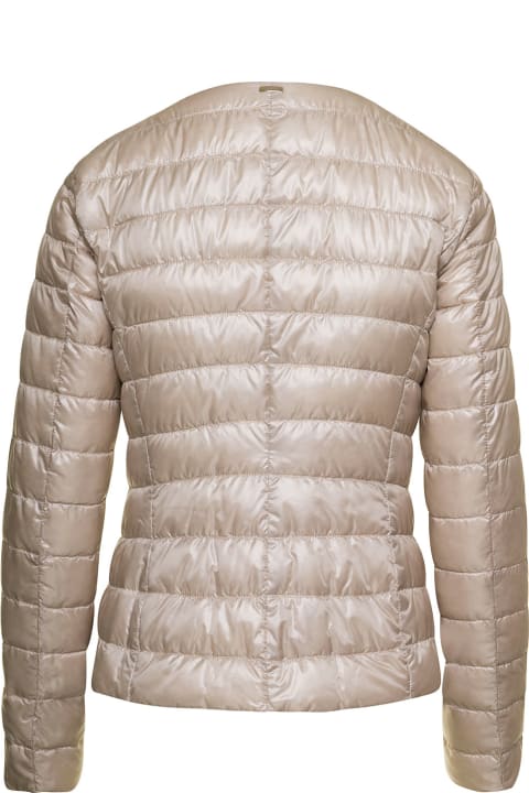 Beige Crewneck Down Jacket With Concealed Fastening In Ultralight Nylon Woman