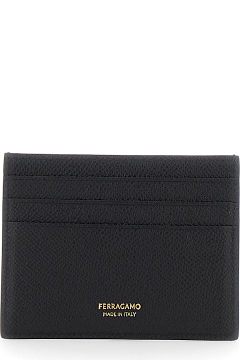 Homeware Ferragamo Black Card Holder With Micro Gancini On The Front And Logo Lettering On The Rear In Grained Leather Man