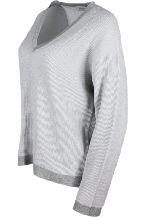 ウィメンズ Fabiana Filippiのニットウェア Fabiana Filippi V-neck Cotton Blend Sweater Embellished With Lurex Rows With Contrasting Color Edges