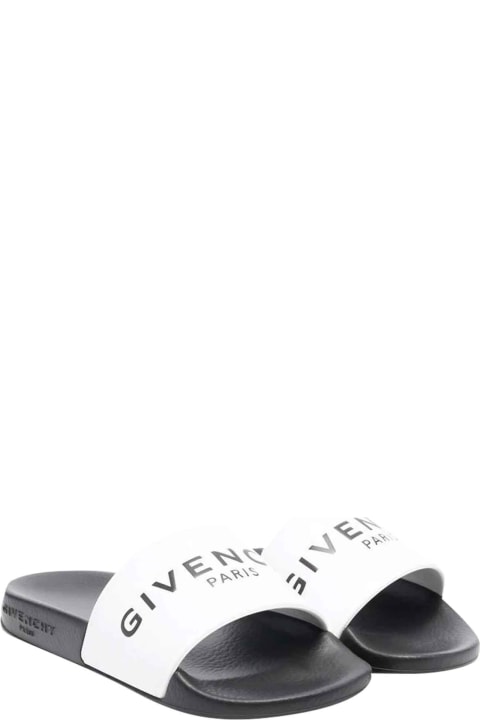 Slides Sandals With Print Givency Kids.logo Print On The Front, Open Toe, Single Finger Band, Logo Insole And Flat Rubber Sole.