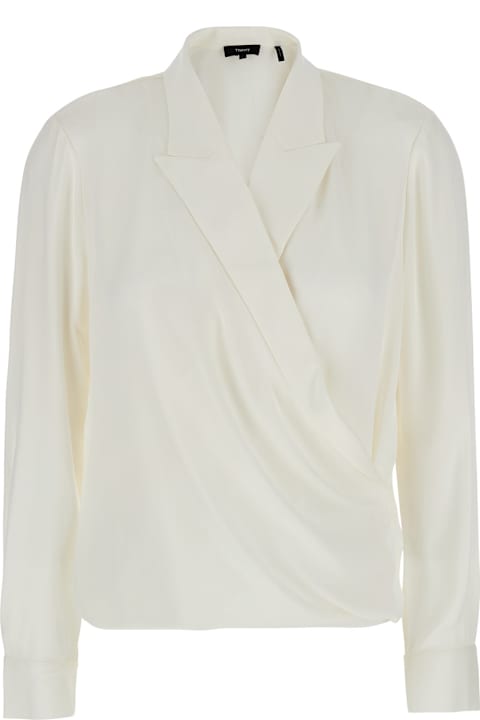 Homeware Theory White Blouse With Peak Revers And Crossover Neck In Silk Woman