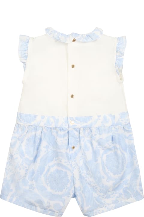 Fashion for Baby Girls Versace Light Blue Romper For Babies With Baroque Print
