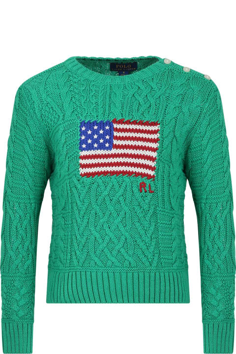 Sweaters & Sweatshirts for Girls Ralph Lauren Green Sweater For Girl With Iconic Flag