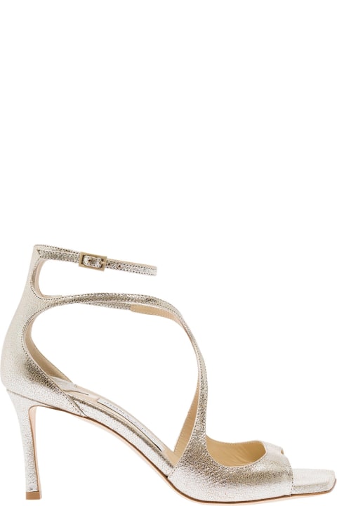 Jimmy Choo for Women Jimmy Choo 'azia' Champagne Sandals With Curved Straps In Glitter Leather Woman