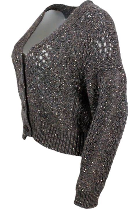 Brunello Cucinelli Clothing for Women Brunello Cucinelli Cardigan Sweater With Buttons In Precious And Refined Feather Cashmere Embellished With A Dazzling Yarn With Sequins For A Shiny And Three-dimensional