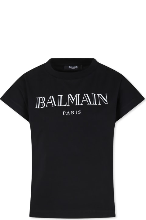 ガールズ トップス Balmain Black T-shirt For Girl With Logo