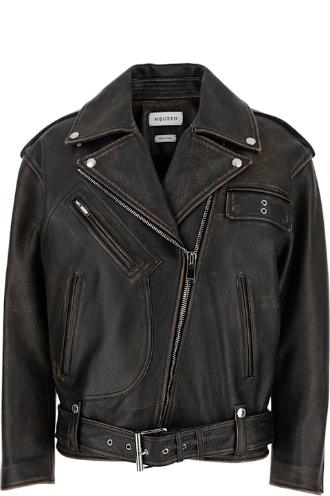 Alexander McQueen Coats & Jackets for Women Alexander McQueen Antiqued Brown Biker Jacket With Wide Classic Lapels And Decentralized Zip Closure In Leather Woman