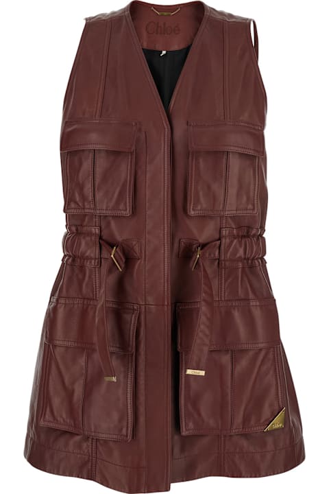 Chloé Bordeaux Vest With V Neck And Adjustable Belt In Leather Woman