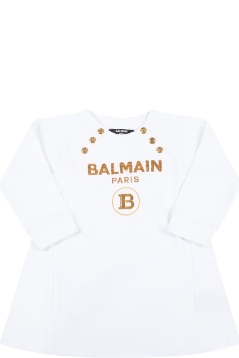 Balmain Dresses for Baby Girls Balmain White Dress For Baby Girl With Gold Logo