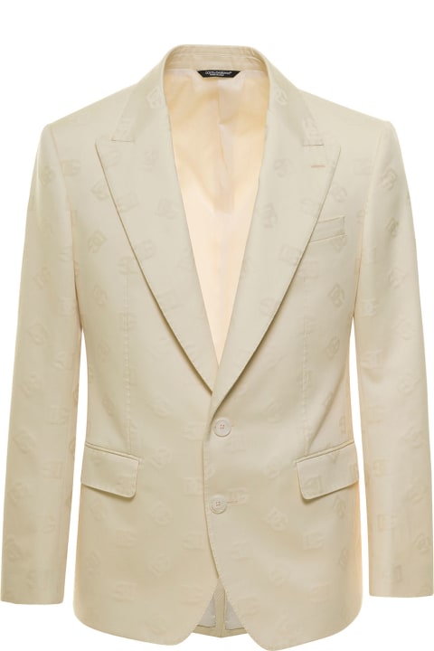 Beige Single-breasted Blaze With Jacquard Logo All-over In Cotton Man
