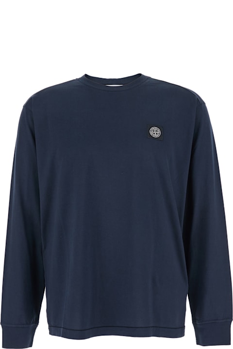 Homeware Stone Island Blue Crewneck Sweater With Logo Patch In Cotton Man