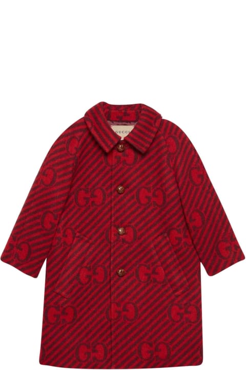 Topwear for Girls Gucci Red Coat With Logo And Stripes, Long Sleeve, Classic Collar And Frontal Closure
