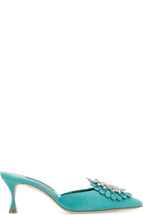 Manolo Blahnik Turquoise Suede Shogmu Mules