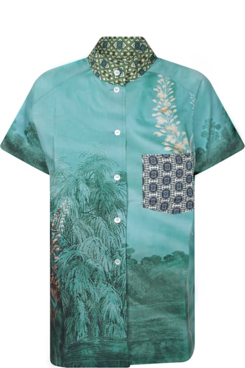 Pierre-Louis Mascia for Women Pierre-Louis Mascia Aqua Green Silk Shirt With Tropical Print