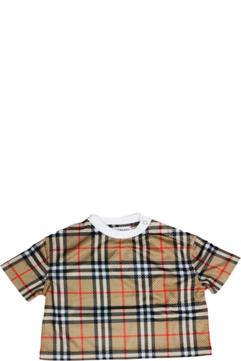 Burberry for Boys Burberry Crew-neck, Short-sleeved T-shirt In Perforated Fabric With Check Pattern And Small Buttons On The Shoulder.