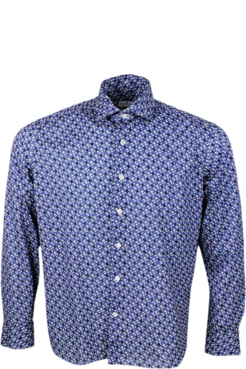 Sonrisa Shirts for Men Sonrisa Luxury Shirt In Soft, Precious And Very Fine Stretch Cotton Flower With Spread Collar In Small Micro-pattern Print With Small Triangles.