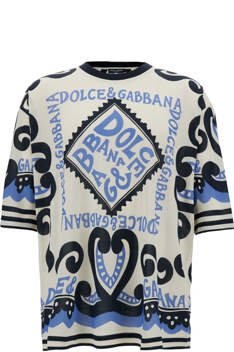 Dolce & Gabbana Topwear Sale for Men Dolce & Gabbana Light Blue And White Crewneck T-shirt With Marina Print In Silk Man
