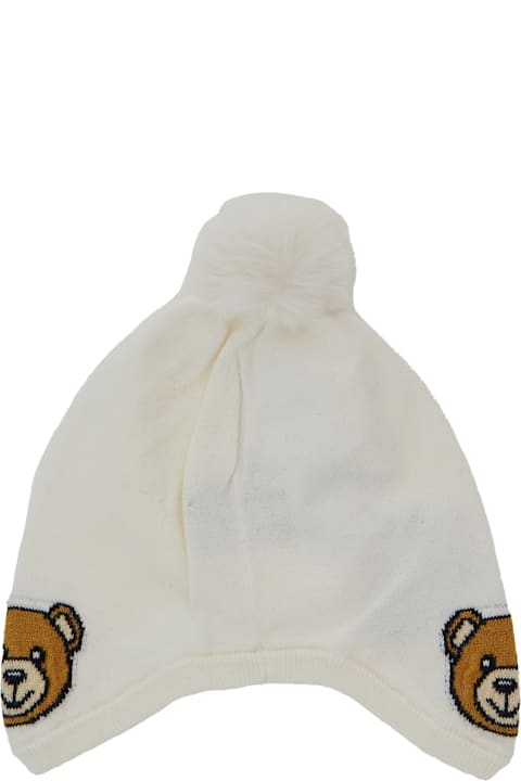 Moschino Accessories & Gifts for Baby Boys Moschino White Ribbed Hat With Pom-pom In Cotton And Wool Blend Baby