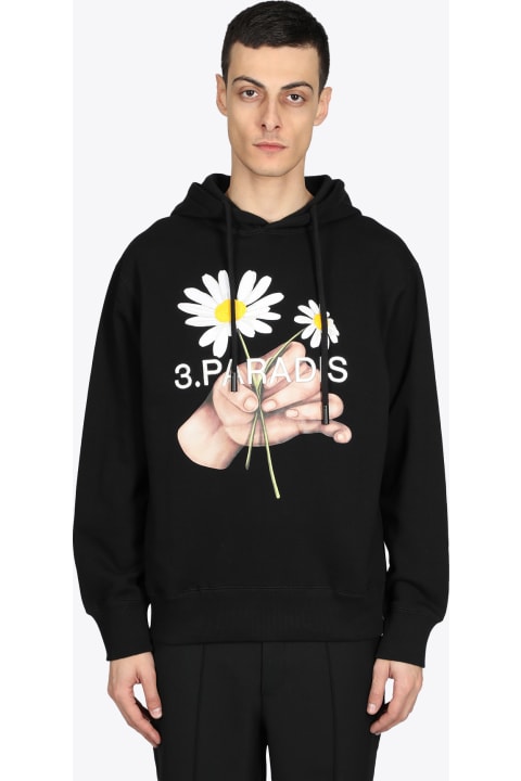 Daisy Hooded Sweater Black cotton hoodie with daisy print