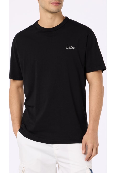 Homeware MC2 Saint Barth Man Black Cotton Jersey T-shirt Dover With St. Barth Embroidery