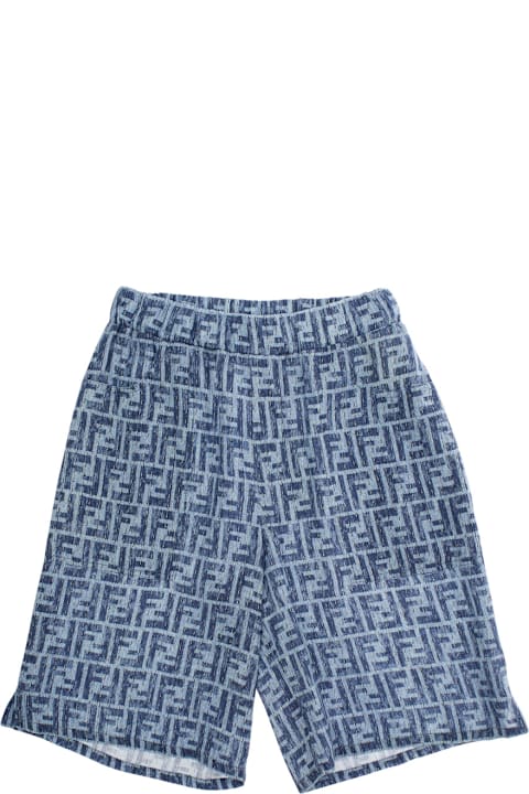 Fashion for Kids Fendi Blue Bermuda Pants With Elastic Waist And All-over Ff Logo Print In Linen Boy