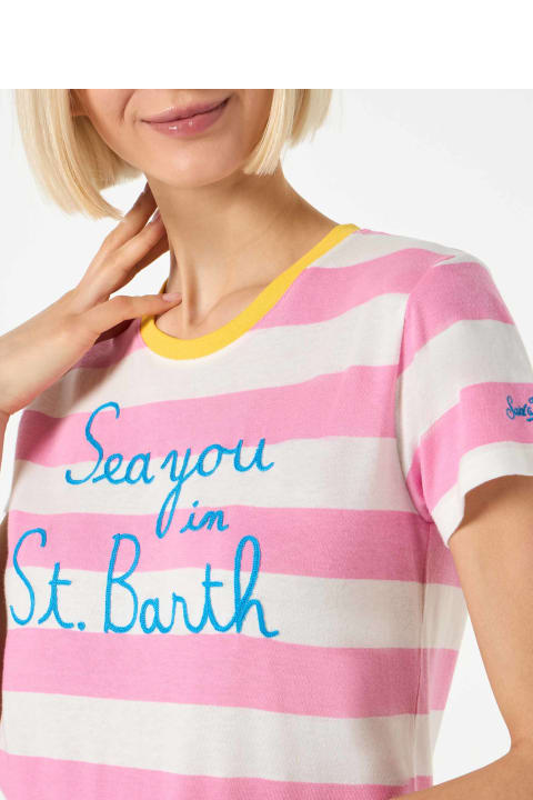 ウィメンズ新着アイテム MC2 Saint Barth Woman Cotton T-shirt With Sea You In St. Barth Embroidery