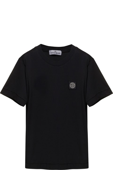 Stone Island Junior T-Shirts & Polo Shirts for Girls Stone Island Junior Black Crewneck T-shirt With Patch Logo In Cotton Boy