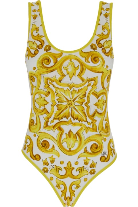ウィメンズ Dolce & Gabbanaの水着 Dolce & Gabbana Yellow And White One-piece Swimsuit With Majolica Motif In Stretch Polyamide Woman